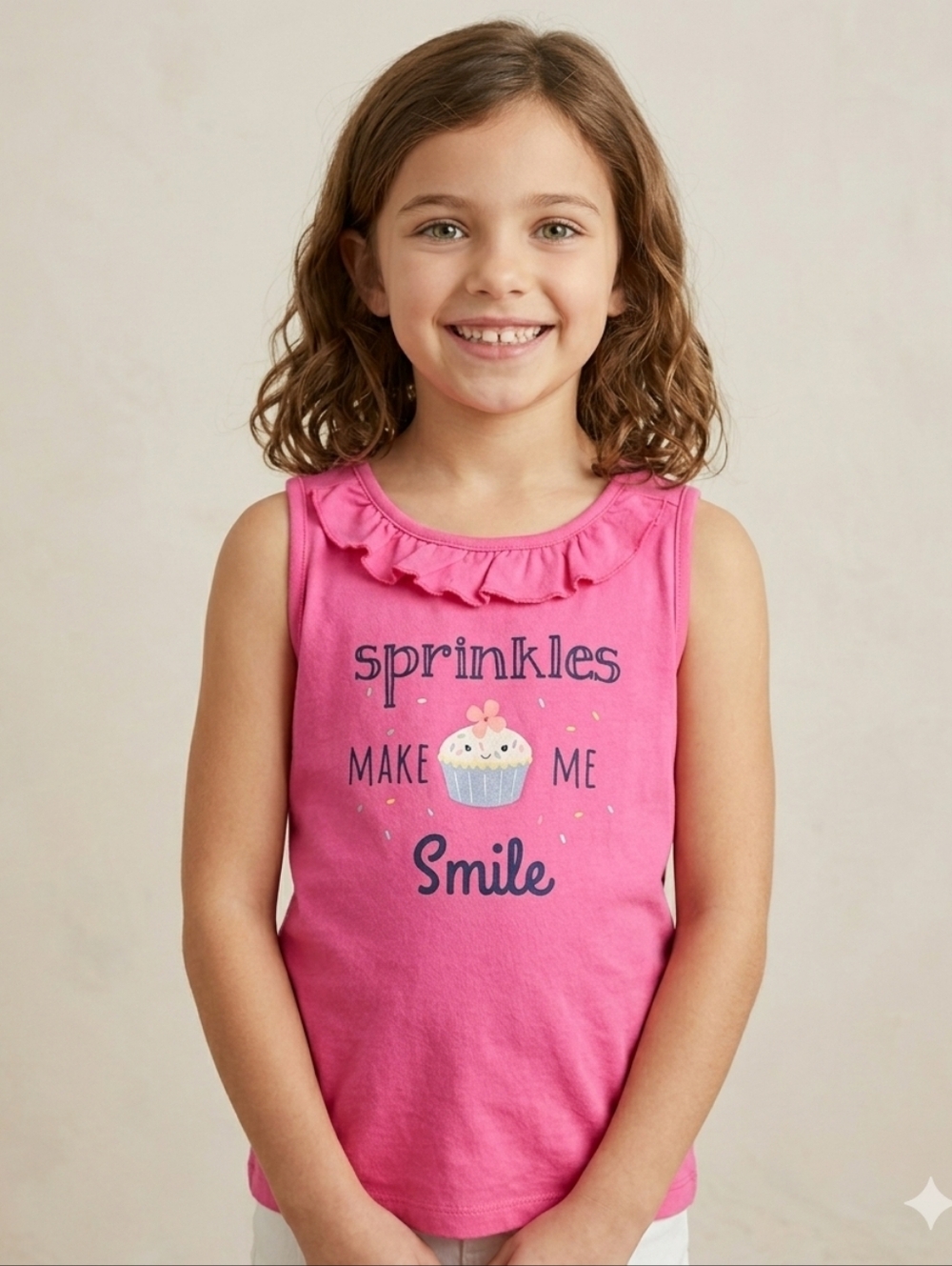 Gymboree Girls Pink Ruffle "Sprinkles Make Me Smile" Graphic Tank Top Size 10